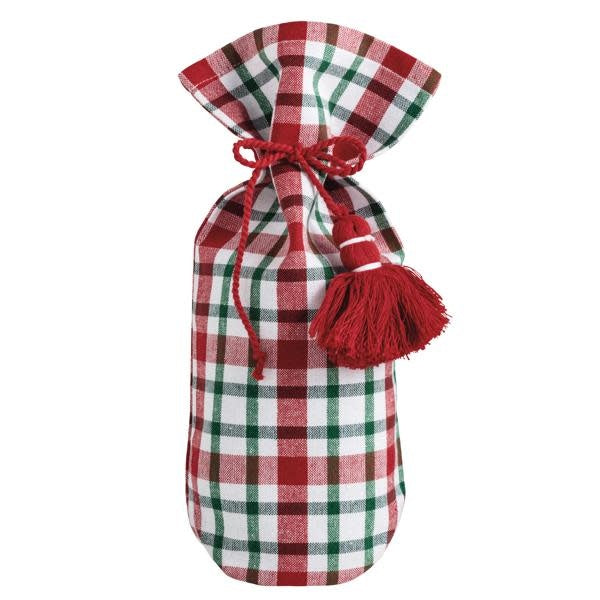 Plaid cotton cloth wine bag with tassel tie closure