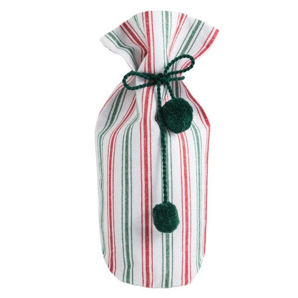Red cloth wine bag with green stripes and tassel tie