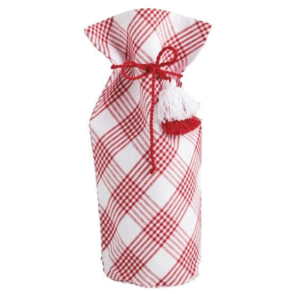Red plaid cotton cloth wine bag with tassel tie closure