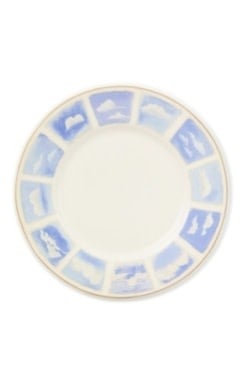 Handmade stonerware dinner plate with a cloud-watching sky pattern in soft blues and whites.