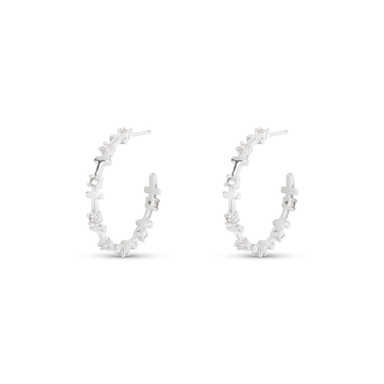 Silver CZ Infinity Cross Hoop Earrings featuring alternating cross and crystal-encrusted symbols.