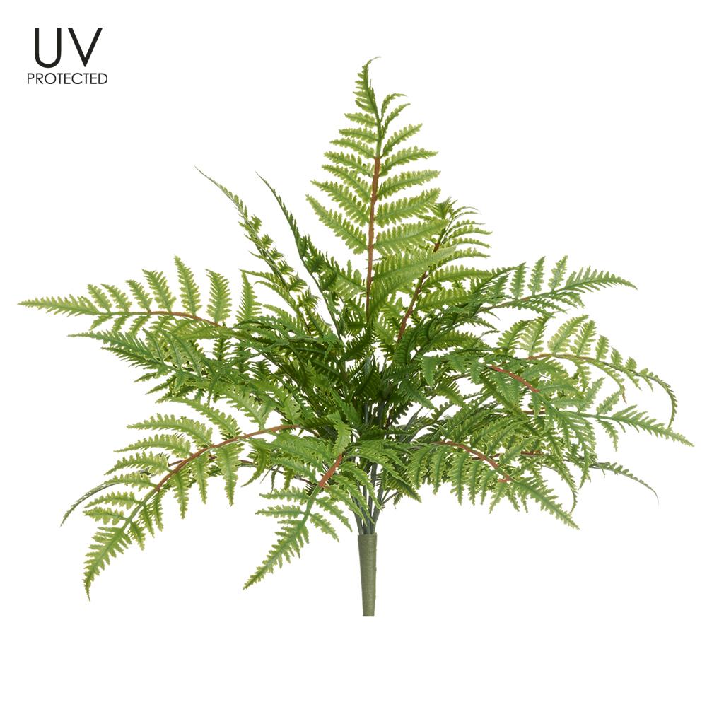 UV-protected artificial fern bush with plastic leaves on metal wire frame in new leather green.