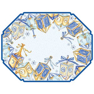 Die-cut paper placemat with a blue and gold watercolor dreidel pattern on a light blue background.