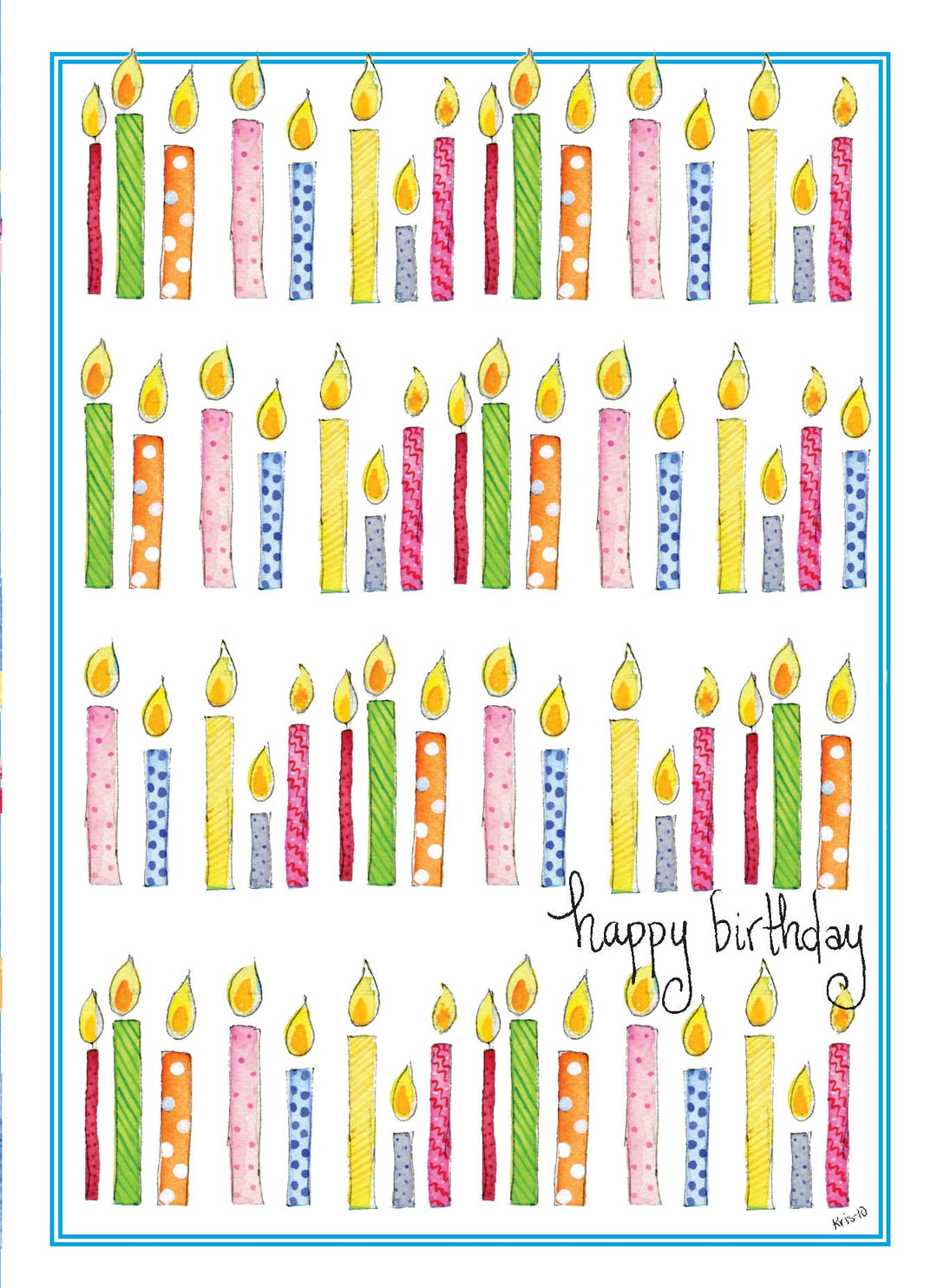 Hand-illustrated birthday card featuring rows of colorful patterned candles and 'happy birthday'.