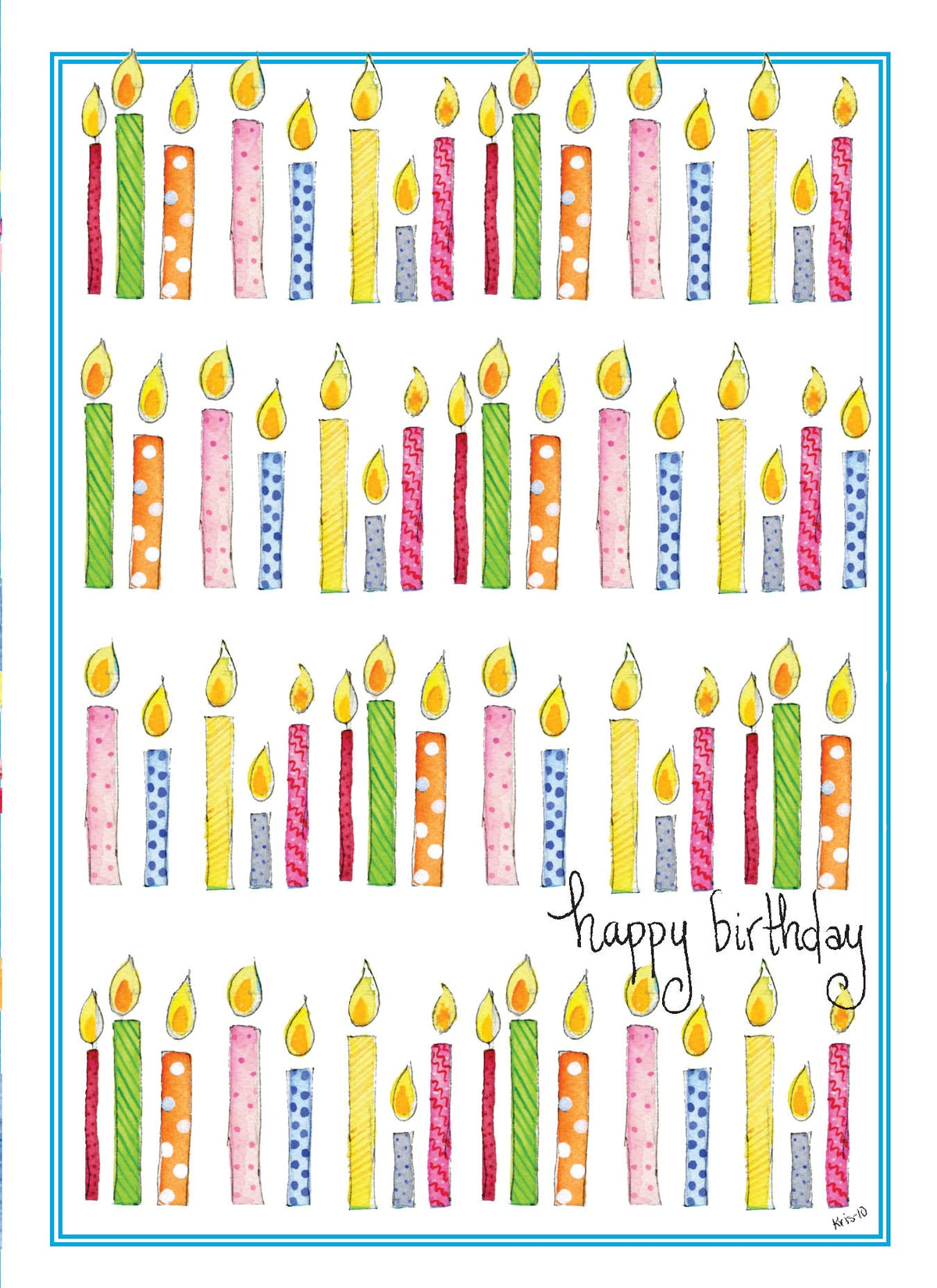 Hand-illustrated birthday card featuring rows of colorful patterned candles and 'happy birthday'.