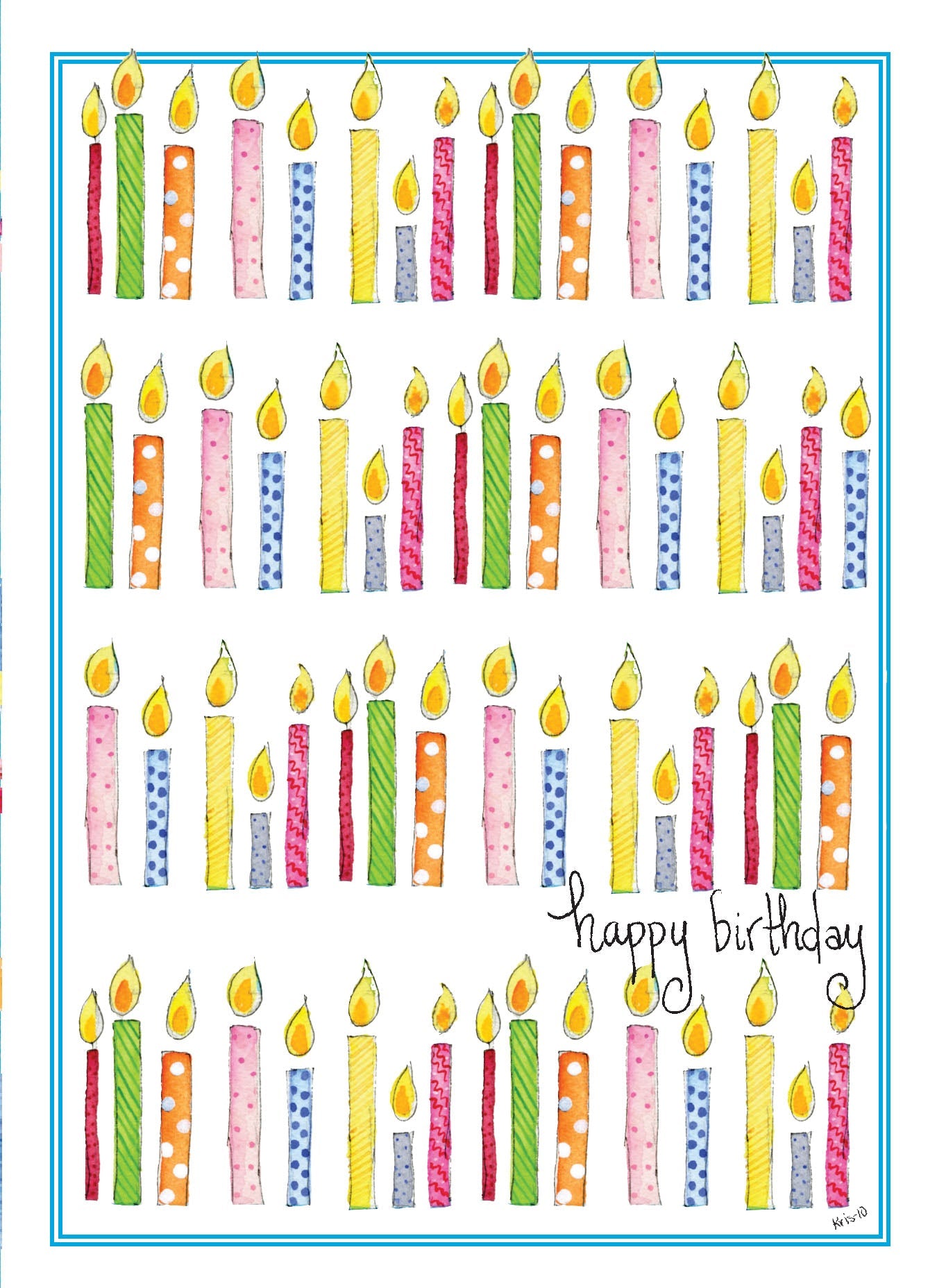 Hand-illustrated birthday card featuring rows of colorful patterned candles and 'happy birthday'.