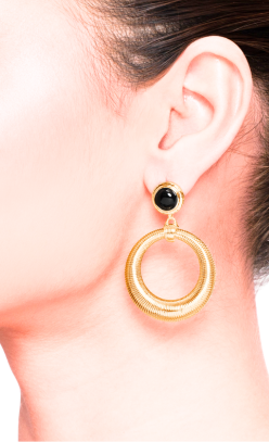 Safari Drop Earrings featuring a black circular stud and a large textured gold-tone hoop.