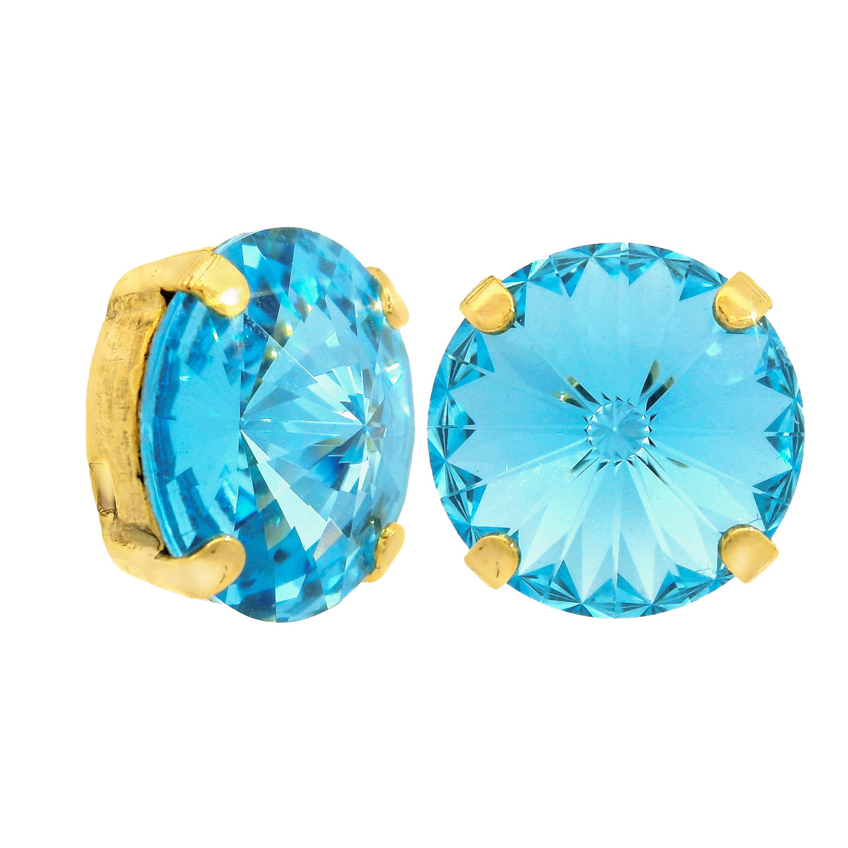 Antique gold-plated stud earrings with large round crystals on surgical steel posts
