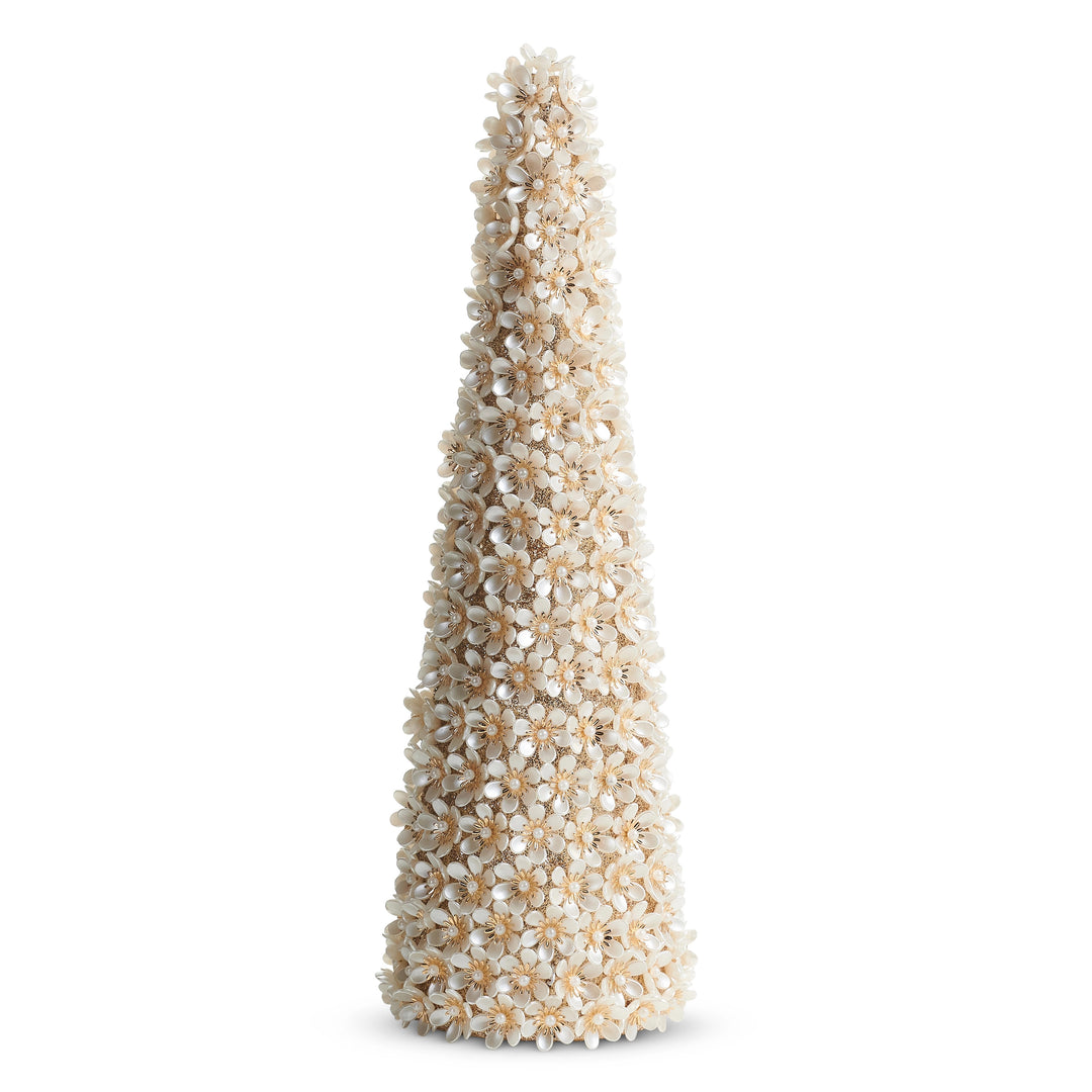 Conical Pearl Floral Tree decoration with white pearlized flowers and gold glitter accents.