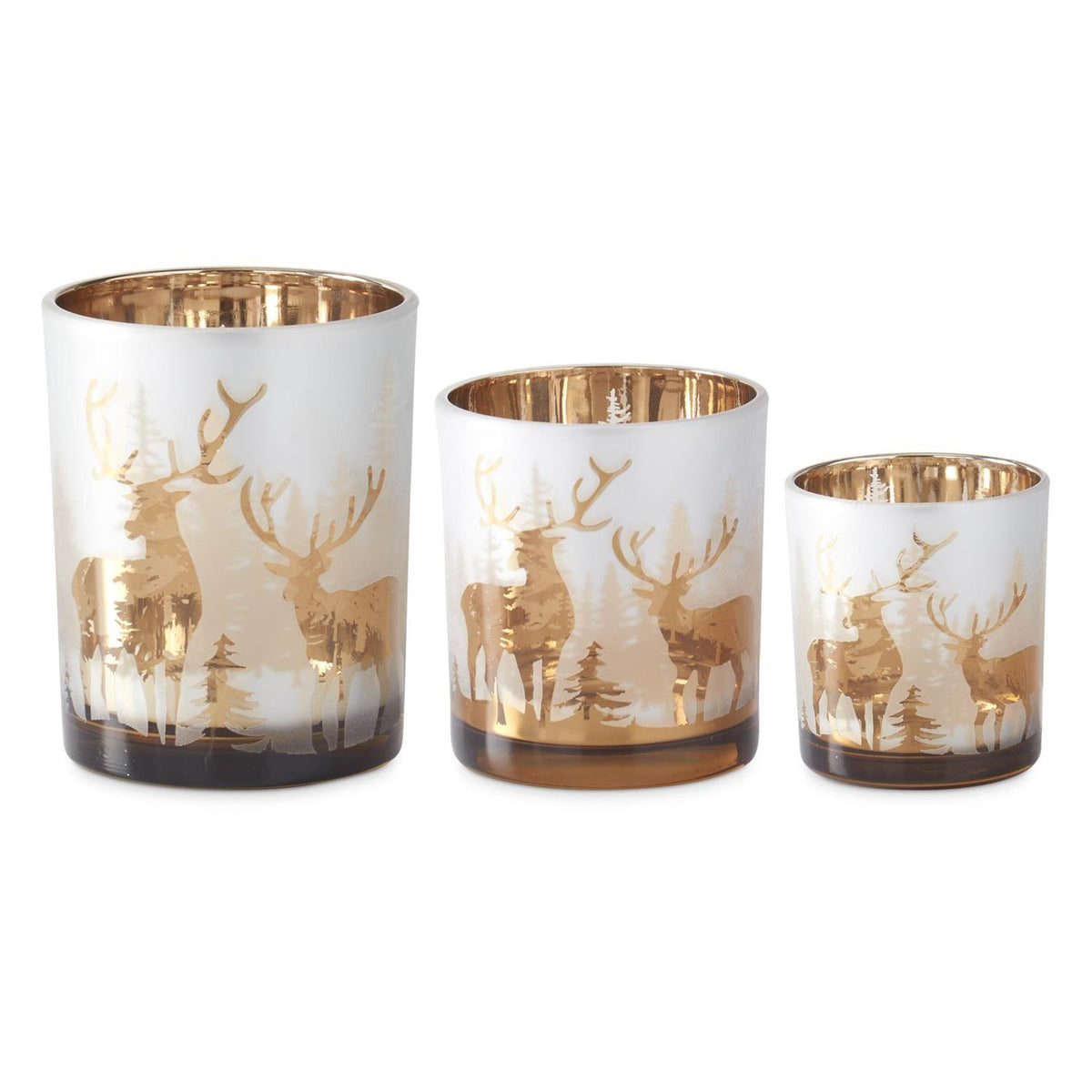 Set of 3 frosted glass candle holders with rose gold deer silhouettes and interiors in three sizes.