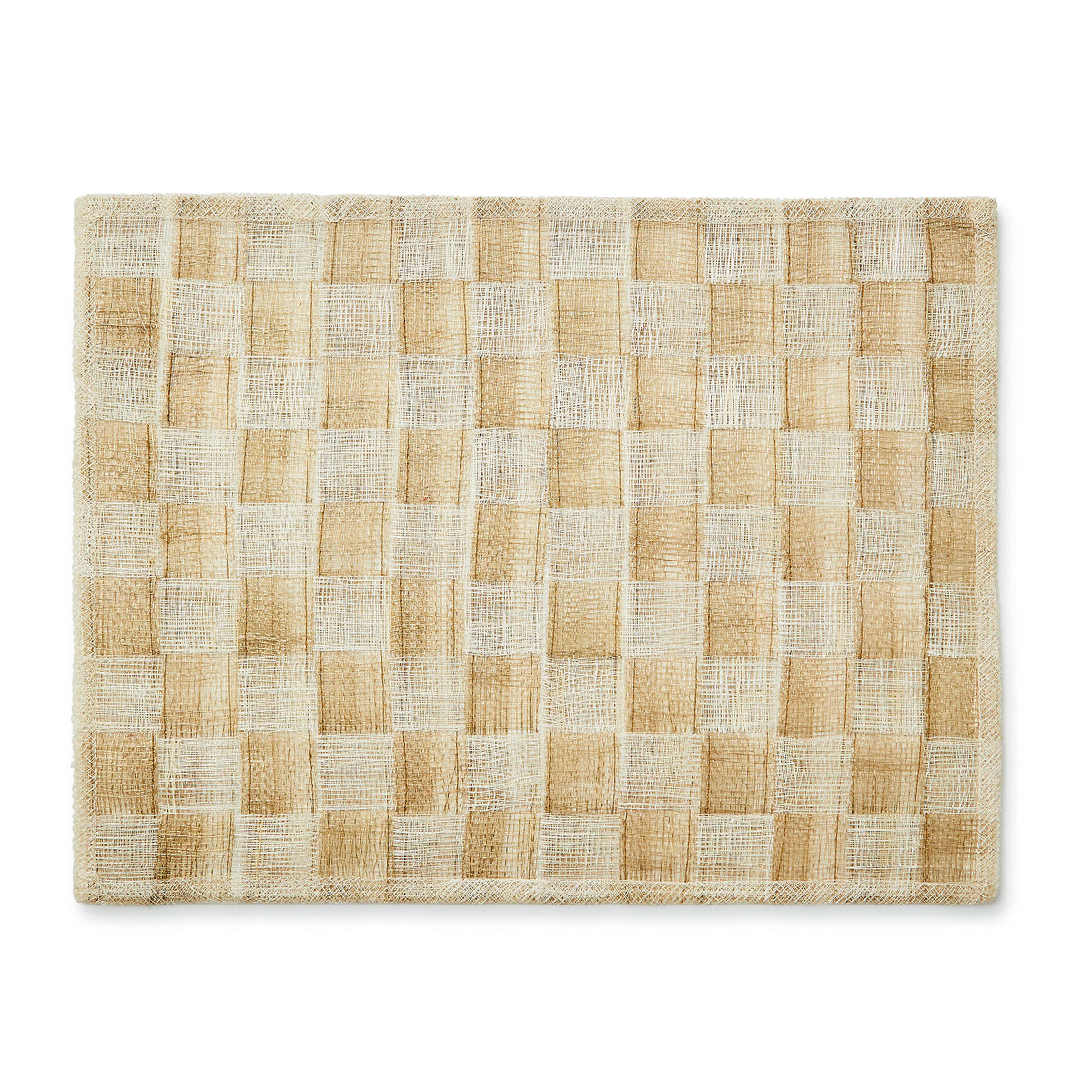 Rectangular woven sinamay placemat with a natural and tan checkerboard pattern.