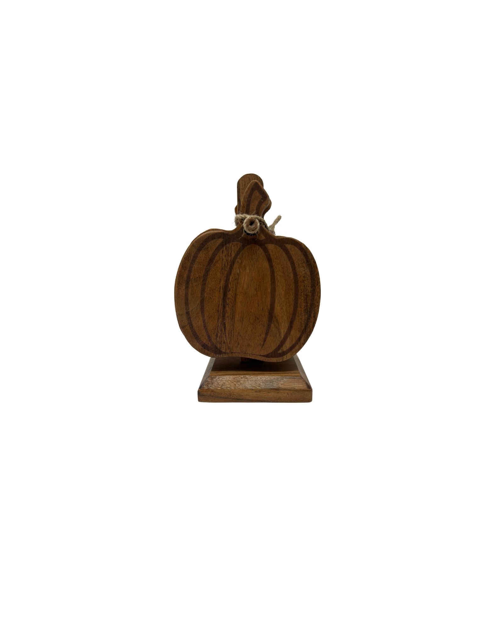 Set of four brown wooden pumpkin-shaped coasters with a natural wood grain pattern.
