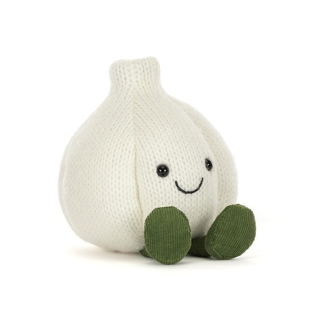 Amuseables Garlic plush toy with a white knitted body, smiling face, and green corduroy feet.