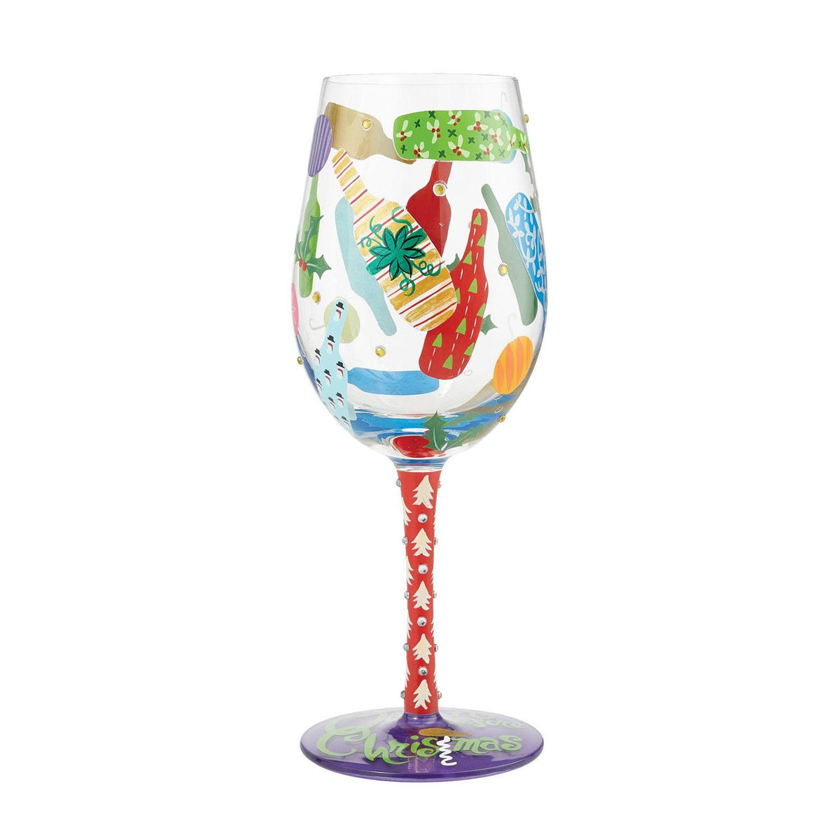 Blown glass wine glass with hand-painted colorful cocktail recipe base and glitter accents