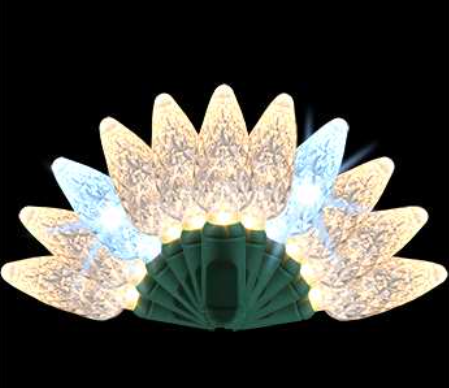 Fan-shaped arrangement of warm white C6 LED sparkle light bulbs with green bases and cord.