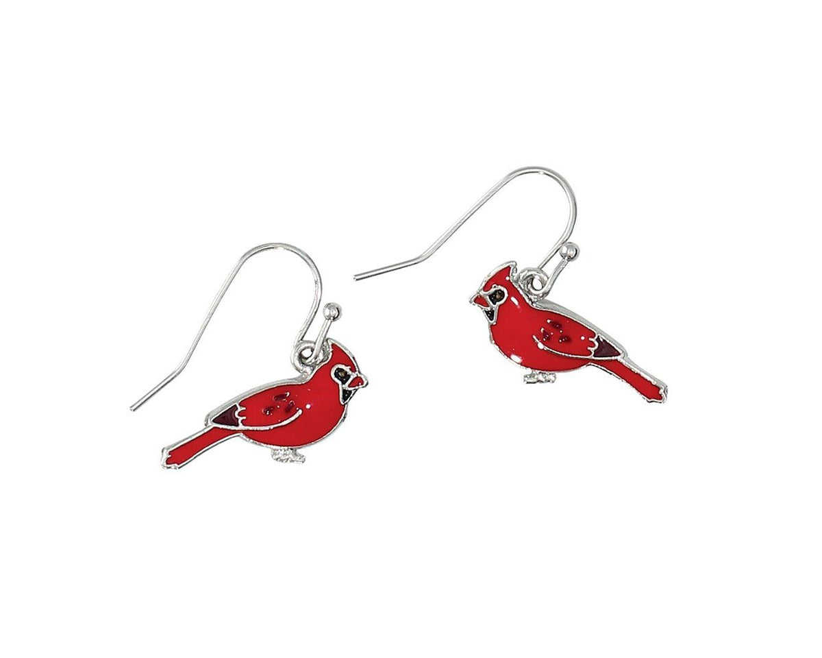 Pair of silver-tone hook earrings featuring red enamel cardinal bird charms.