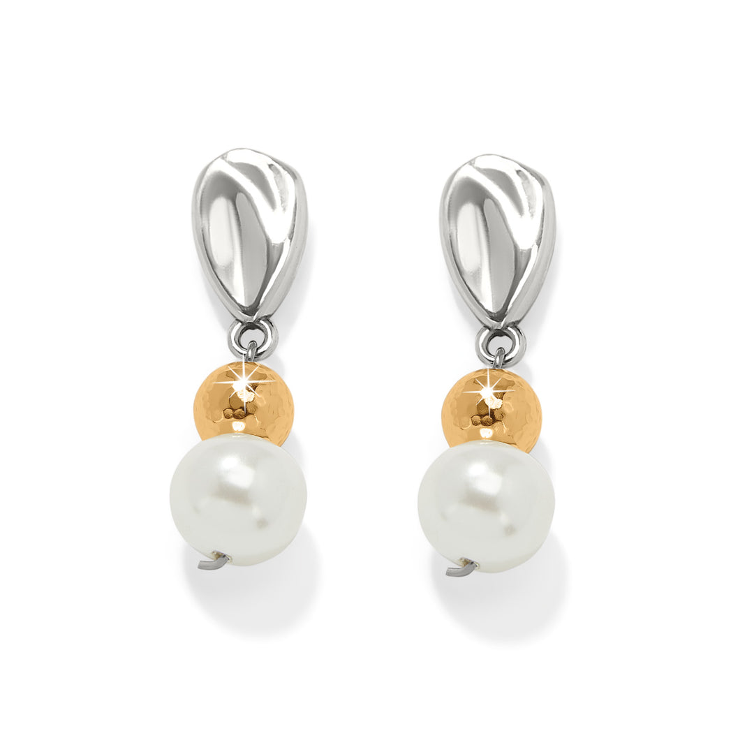 Cascade Unity Pearl Post Drop Earrings with silver organic tops, gold beads, and white pearls.