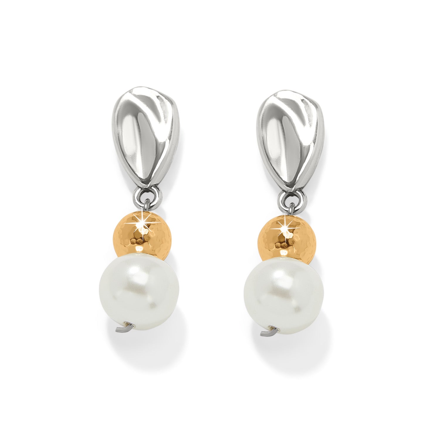 Cascade Unity Pearl Post Drop Earrings with silver organic tops, gold beads, and white pearls.
