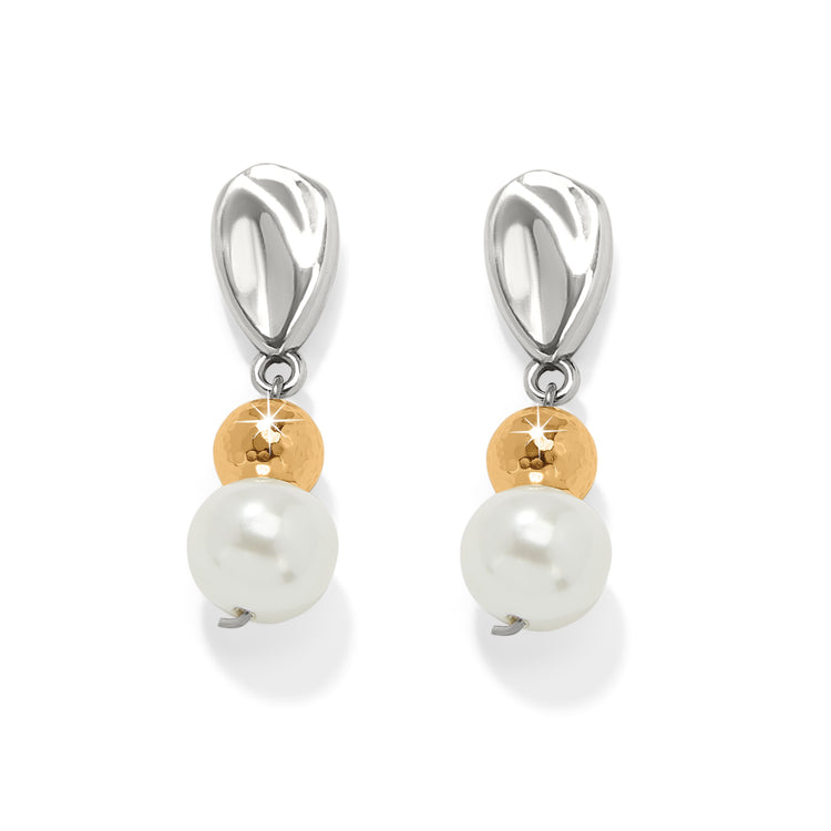 Cascade Unity Pearl Post Drop Earrings with silver organic tops, gold beads, and white pearls.