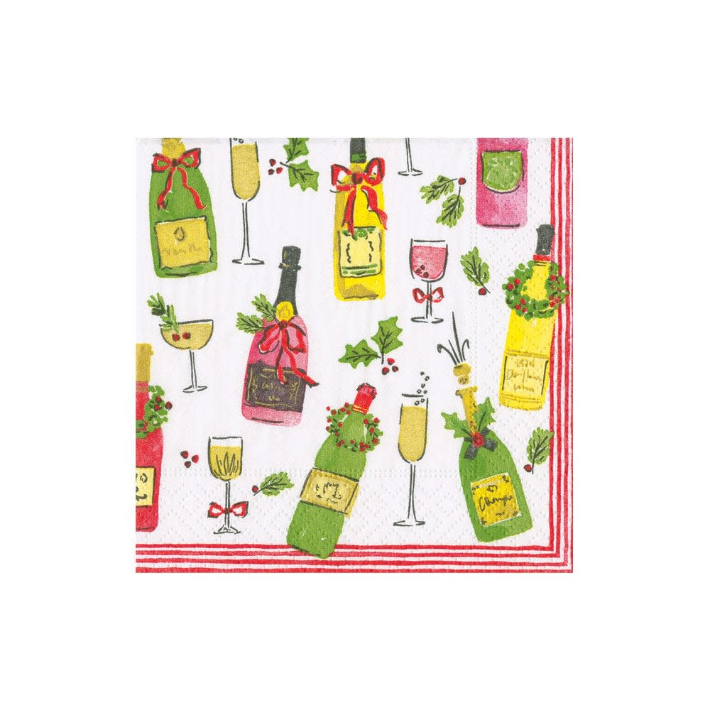 Packaged Caspari triple-ply cocktail napkins featuring museum artwork designs printed in Germany.