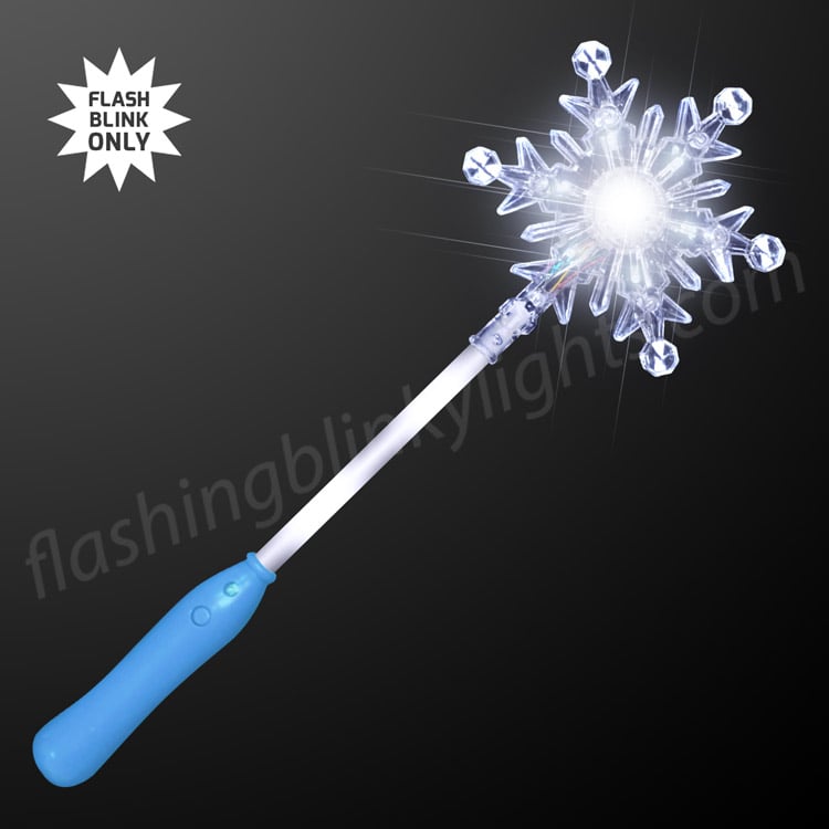 Blinky light up snowflake wand with a blue handle and glowing white LED snowflake top.