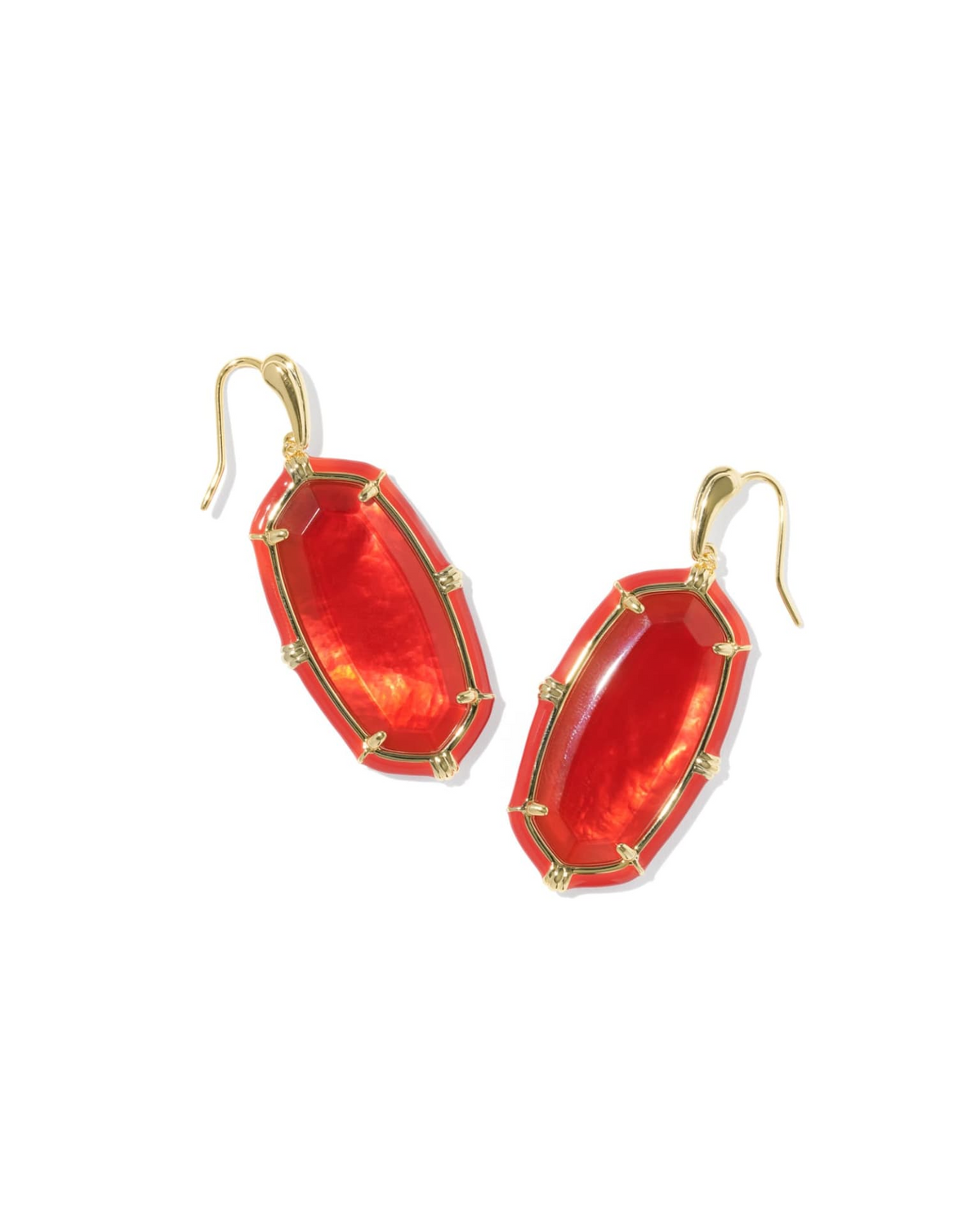 Elle Enamel Drop Gold Earrings featuring red stones with gold frames and earwire closures.