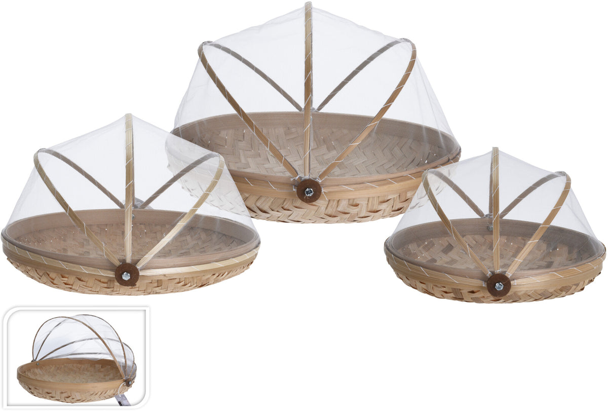 Round bamboo food cover with natural wood grain texture