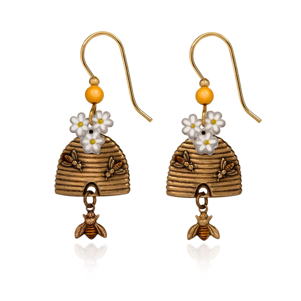 Hive and bee drop earrings with yellow glass beads and white flower charms.