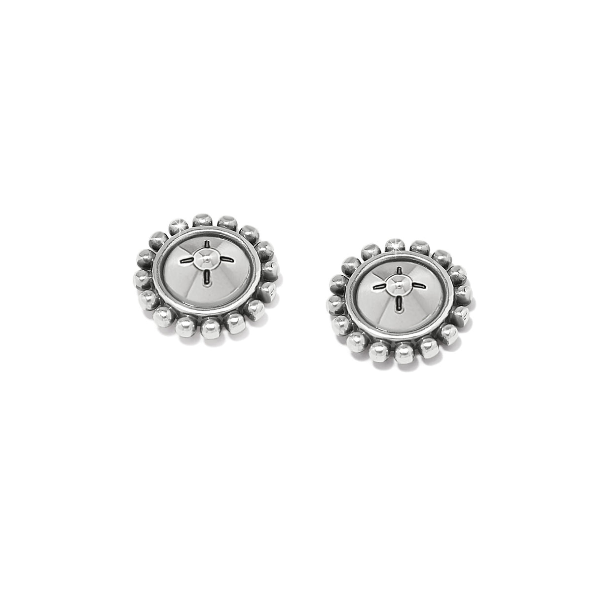 Mosaic Mojave silver-plated post earrings with a circular beaded border and sunburst center.