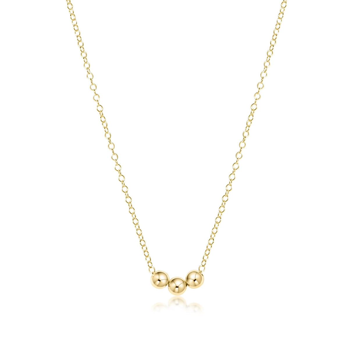 Gold-filled necklace with three layers of small round beads on a 14-inch chain.