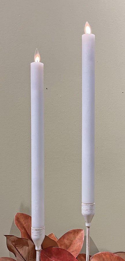 Set of three unscented Moving Flame LED taper candles with realistic flickering warm white light and paraffin wax finish.