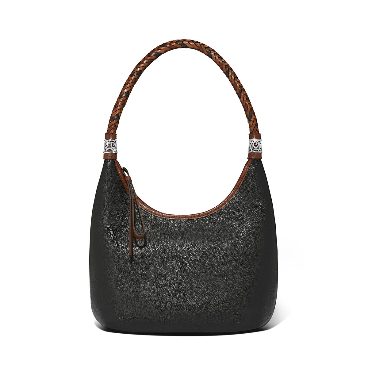 Shelby Hobo in black pebbled leather with a brown braided handle and silver-tone hardware.