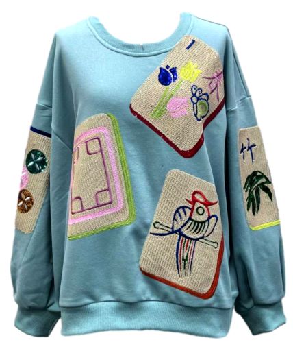 Sandy Scattered Mahjong Tile Sweatshirt with bold tile pattern on relaxed fit silhouette