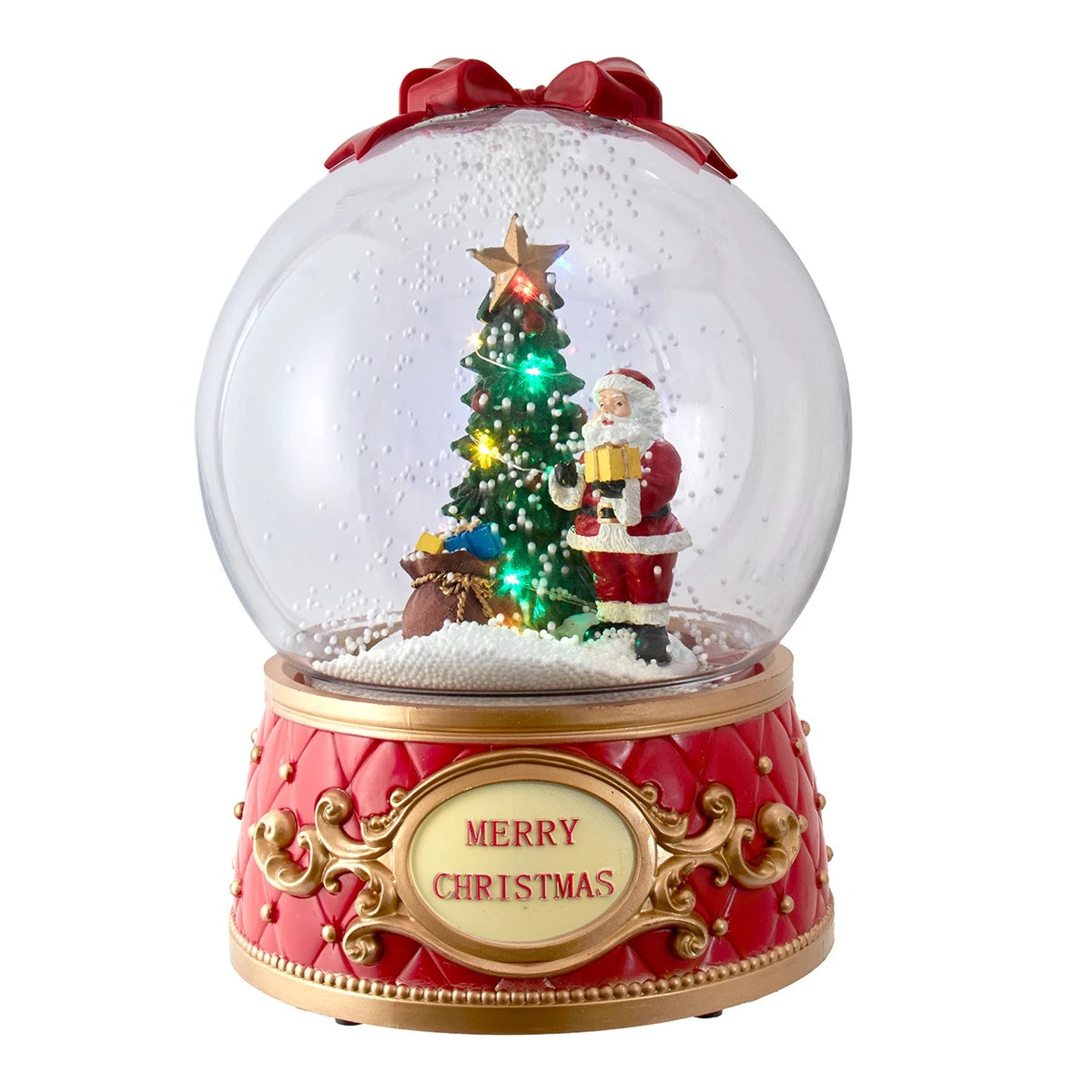 Musical LED Santa and Christmas tree snow globe with a red quilted base and gold 'Merry Christmas'.