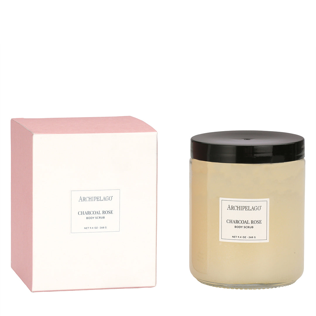 Jar of Charcoal Rose Body Scrub with black cassis and pressed rose fragrance.