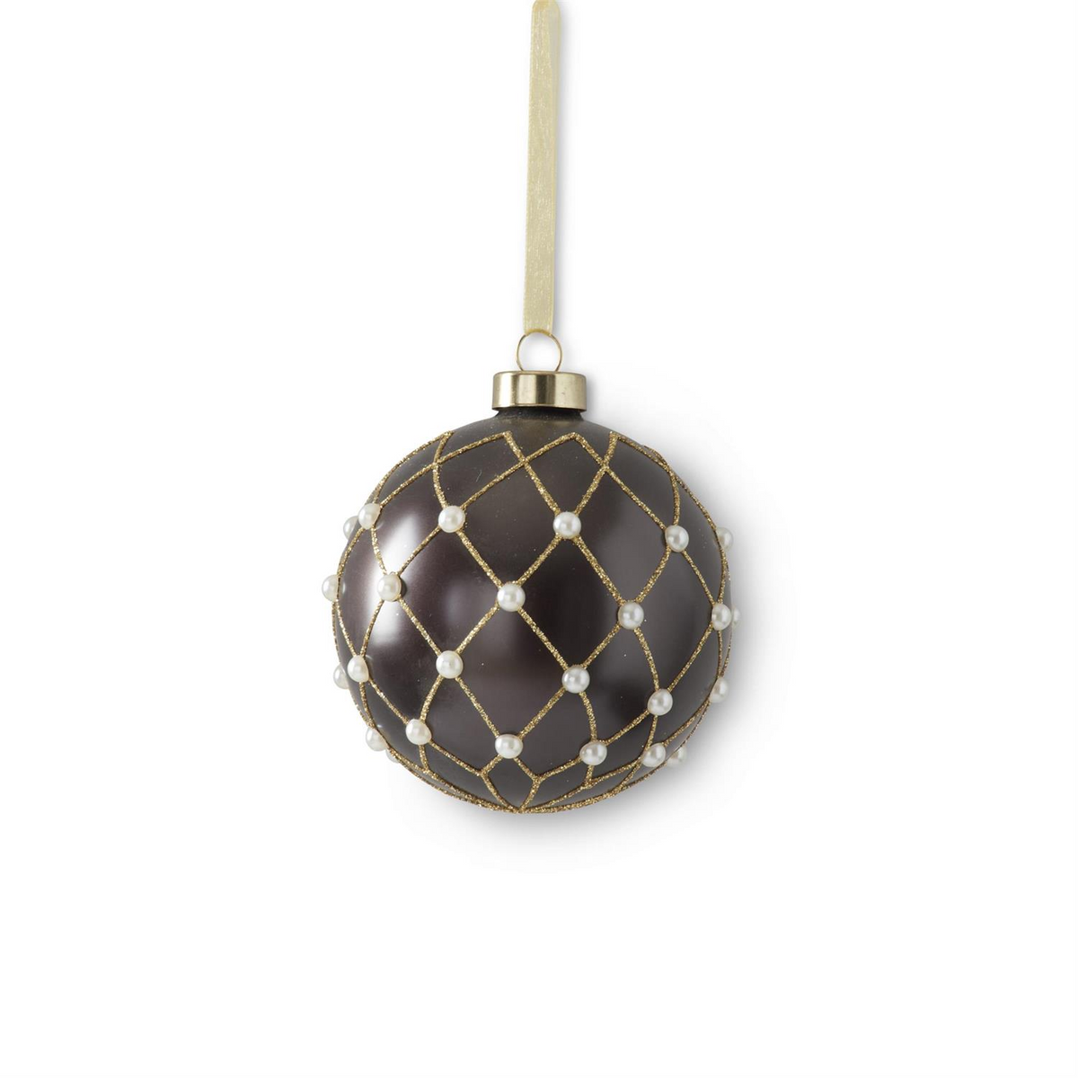 3.75 inch brown glass ball ornament with gold glitter lattice and white pearl accents.