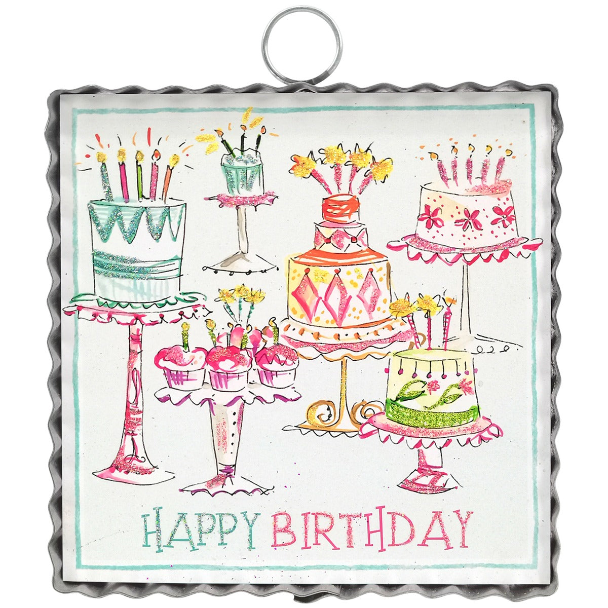 Mini Art Cake Explosion square wall hanging with colorful cakes and a Happy Birthday greeting.