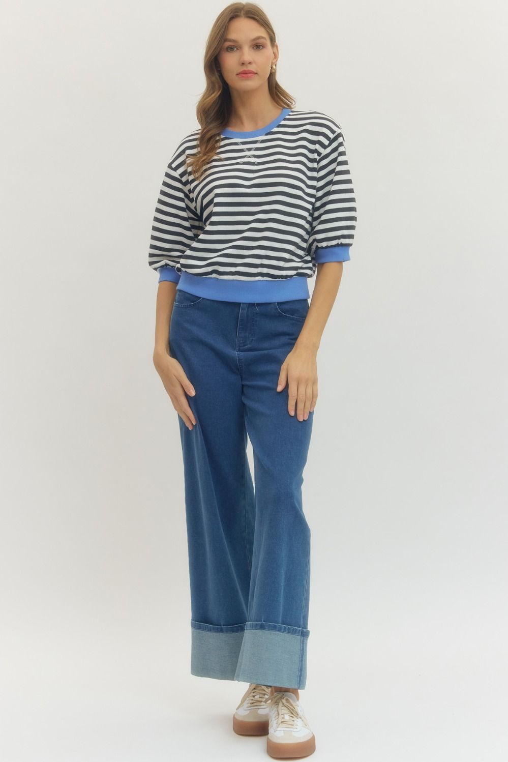 Sandra striped half-sleeve knit top in a soft blend of polyester and cotton with a relaxed silhouette.