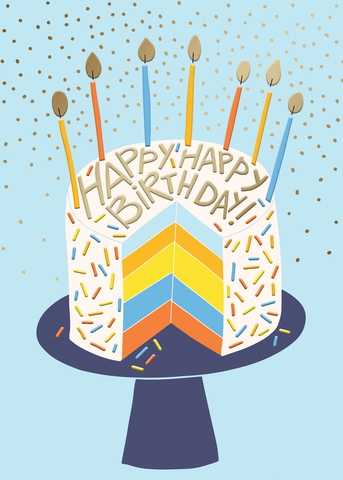 Birthday card featuring a layered rainbow cake with sprinkles, candles, and gold foil lettering.