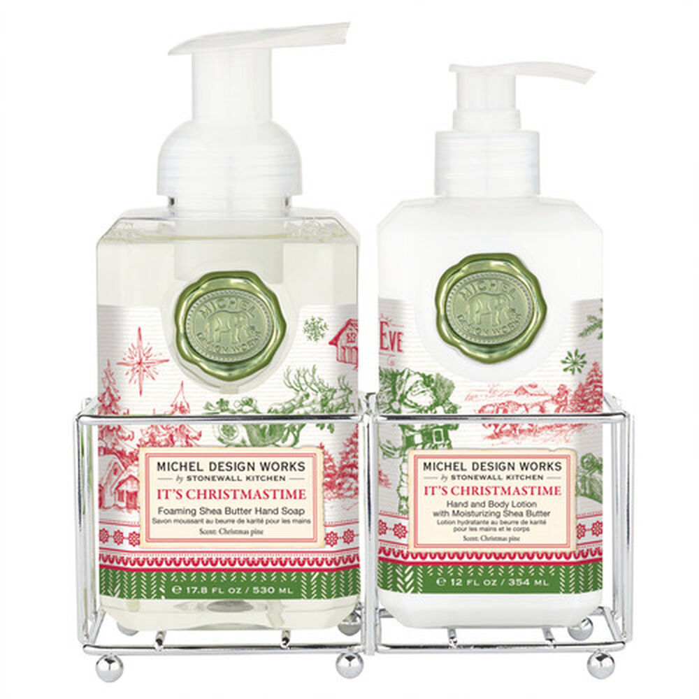 Foaming hand soap dispenser with lotion bottle in a beige caddy.