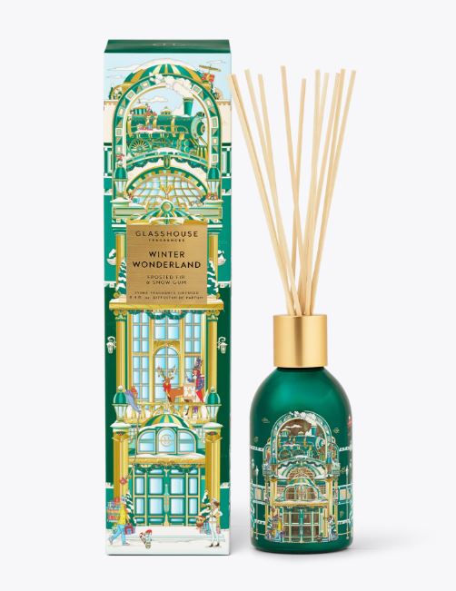 Glasshouse Fragrances Winter Wonderland 8.45 fl.oz. reed diffuser with green bottle and box.