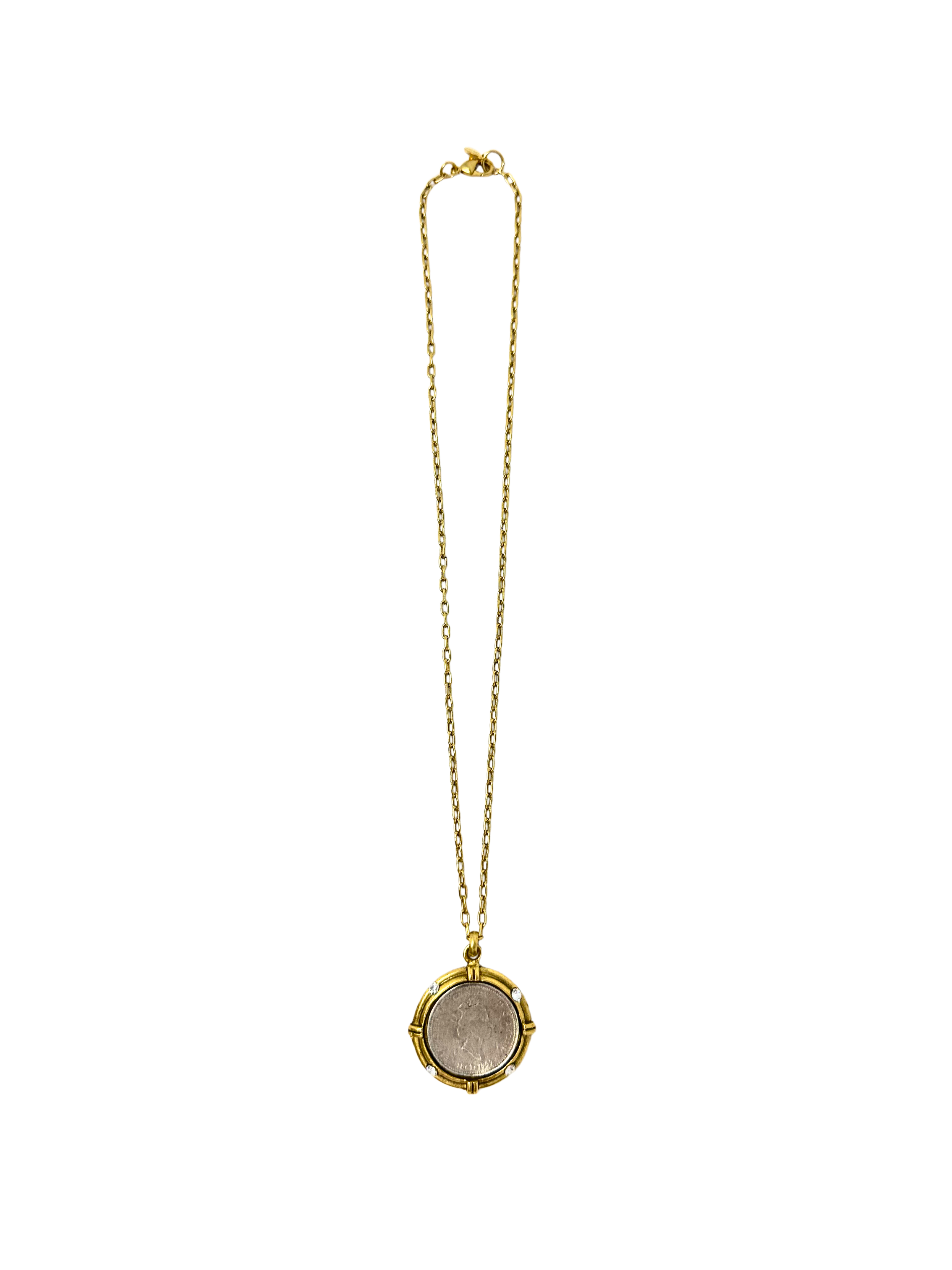 17-inch gold chain necklace featuring a round silver Elizabeth coin pendant with gold trim.