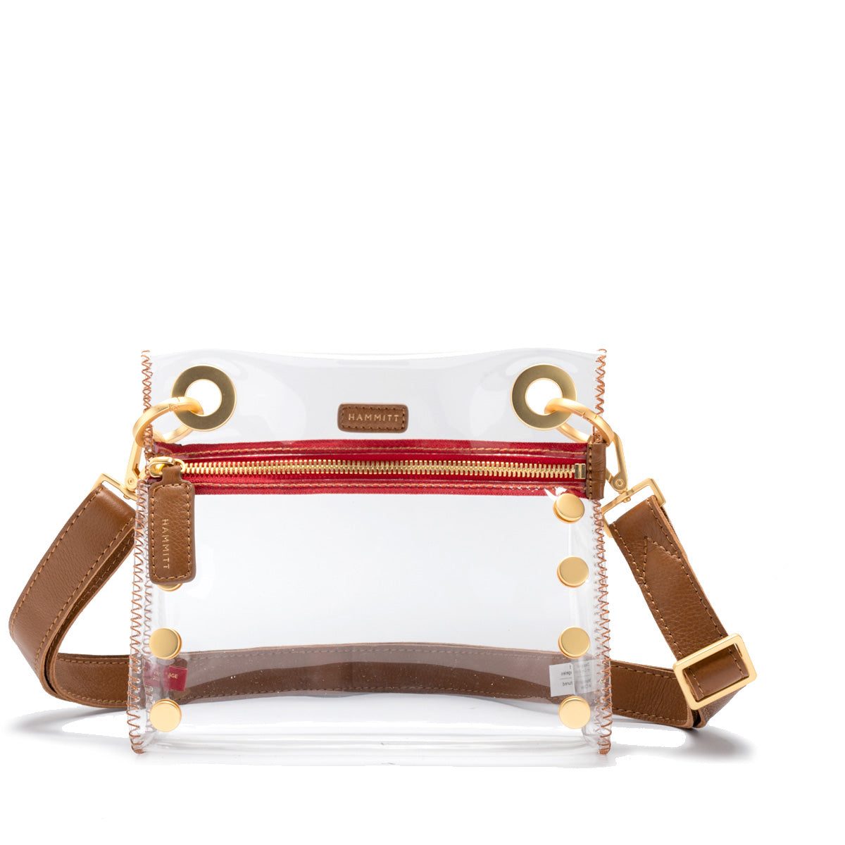 Tony Small Clear Bag with brown leather trim, gold hardware, and an adjustable crossbody strap.