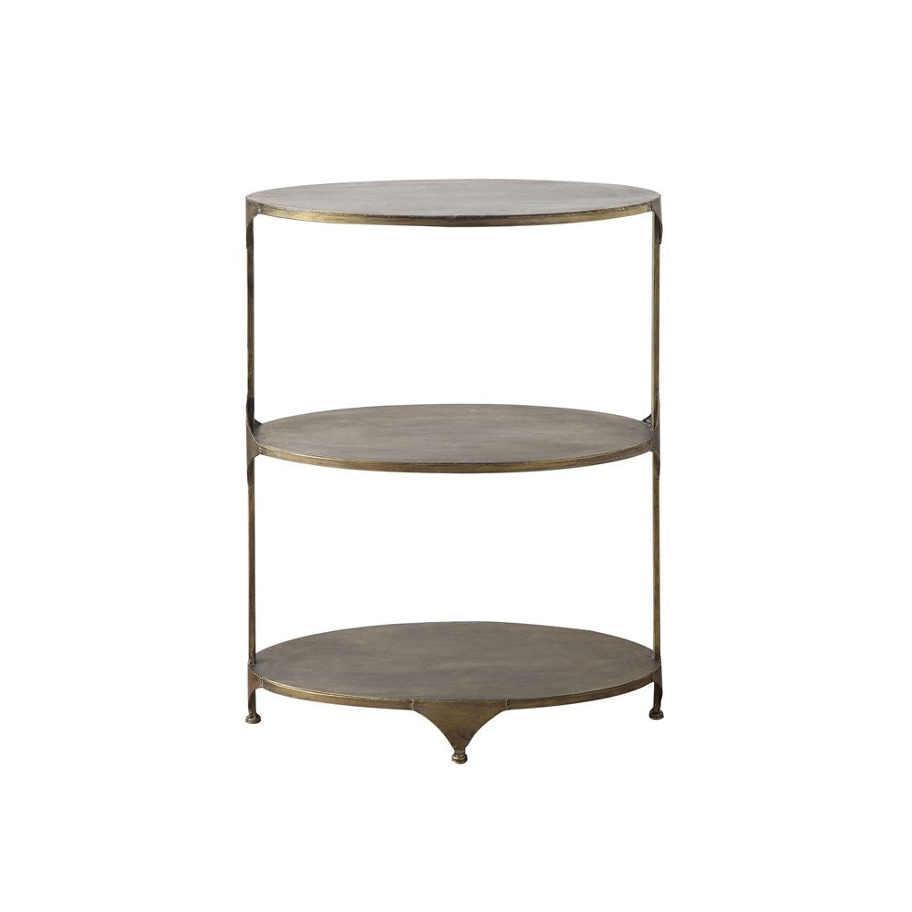 Oval metal 3-tier shelf with an antique gold finish and three levels of storage.