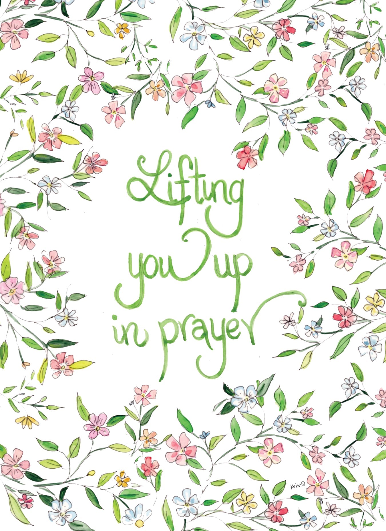 Greeting card with green script reading 'Lifting you up in prayer' framed by watercolor flowers.
