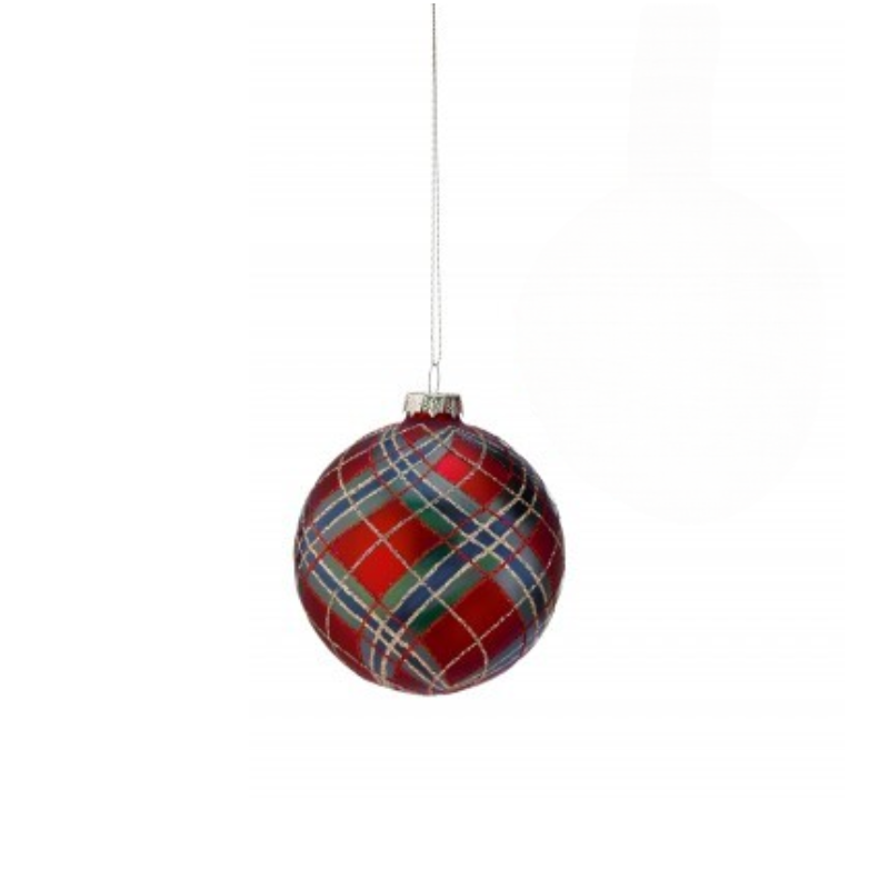 4-inch red glass Christmas ornament with a blue and green plaid pattern and gold glitter accents.