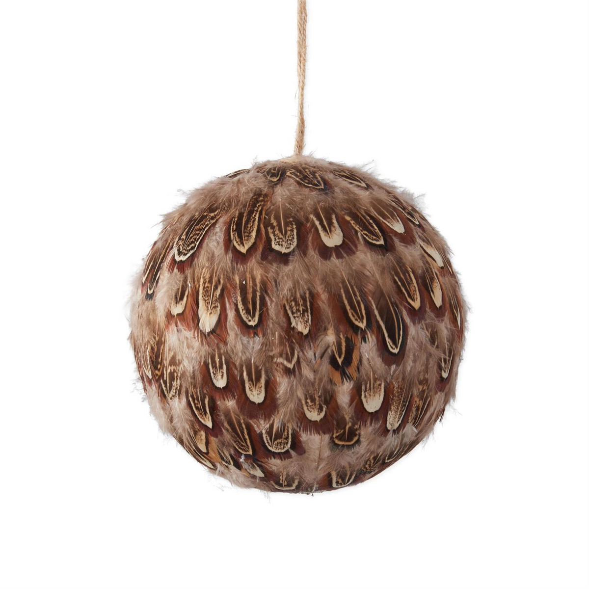 4.75 inch round brown feather ornament with a natural jute hanging string.