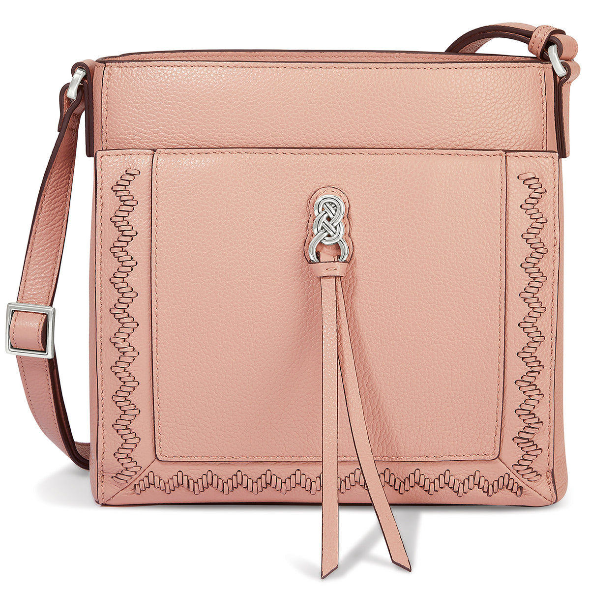 Astrid Organizer Bag in brown leather with adjustable strap, zip top closure, and multiple interior pockets.