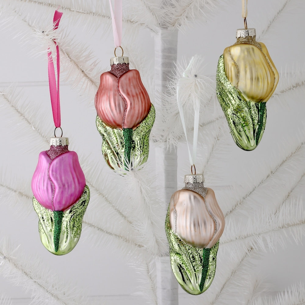 Four-inch glass tulip ornament with vibrant colors in a delicate floral silhouette.