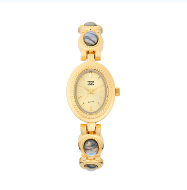 Oval goldtone watch with an etched bezel and a link bracelet featuring smooth, striped gems.